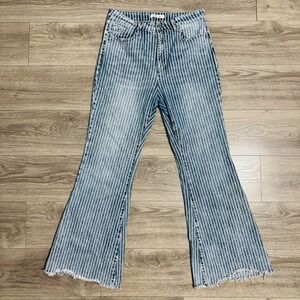 Willow + Root The Flared Out Striped High Rise Flare Jeans Blue White 32x32